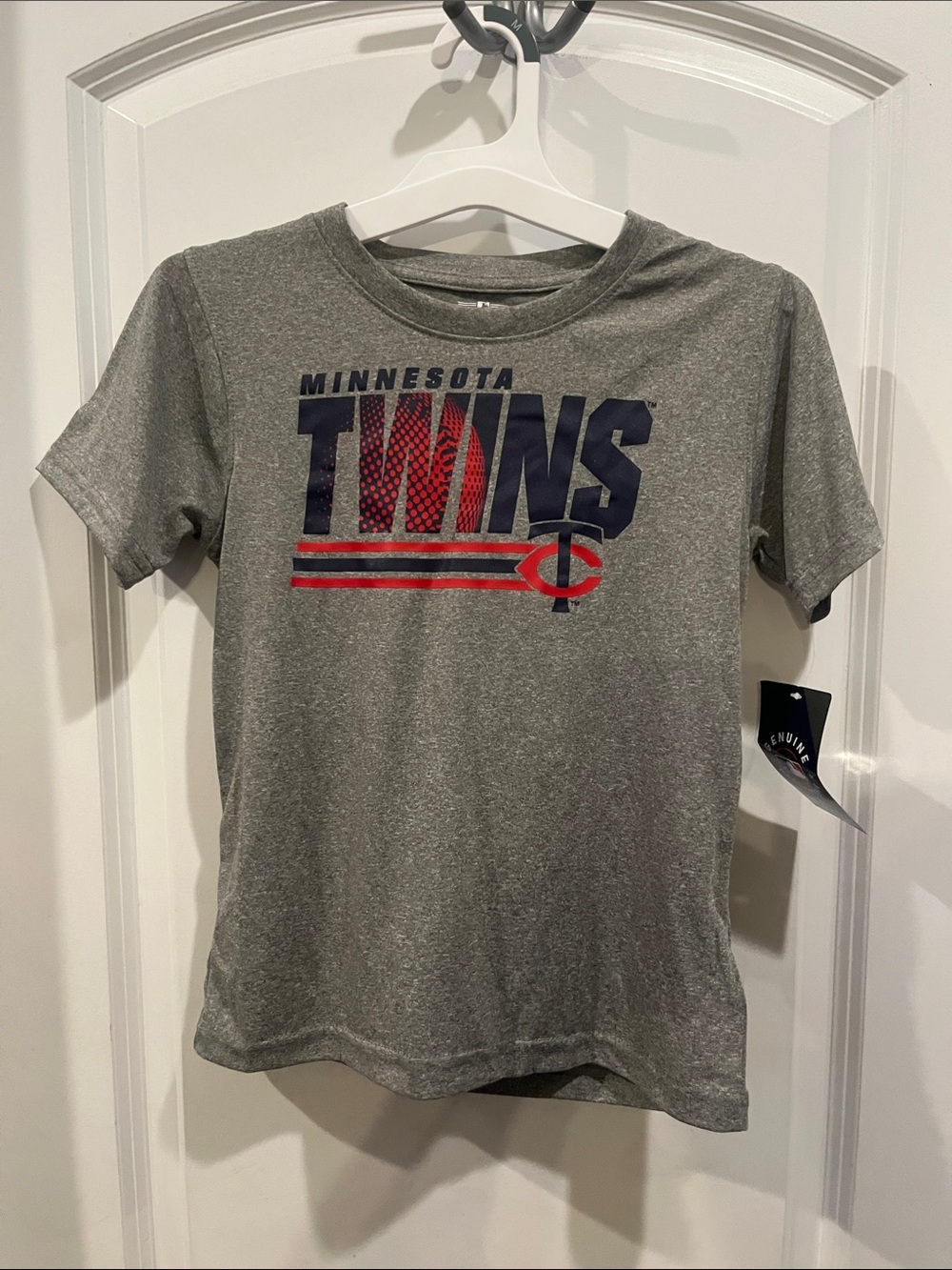 MLB Minnesota Twins Gray Short Sleeve Graphic Tee with Navy and Red Logo